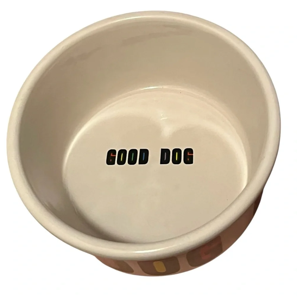 Ceramic Dog Bowl White Large Black block letters GOOD DOG Primary color Interior